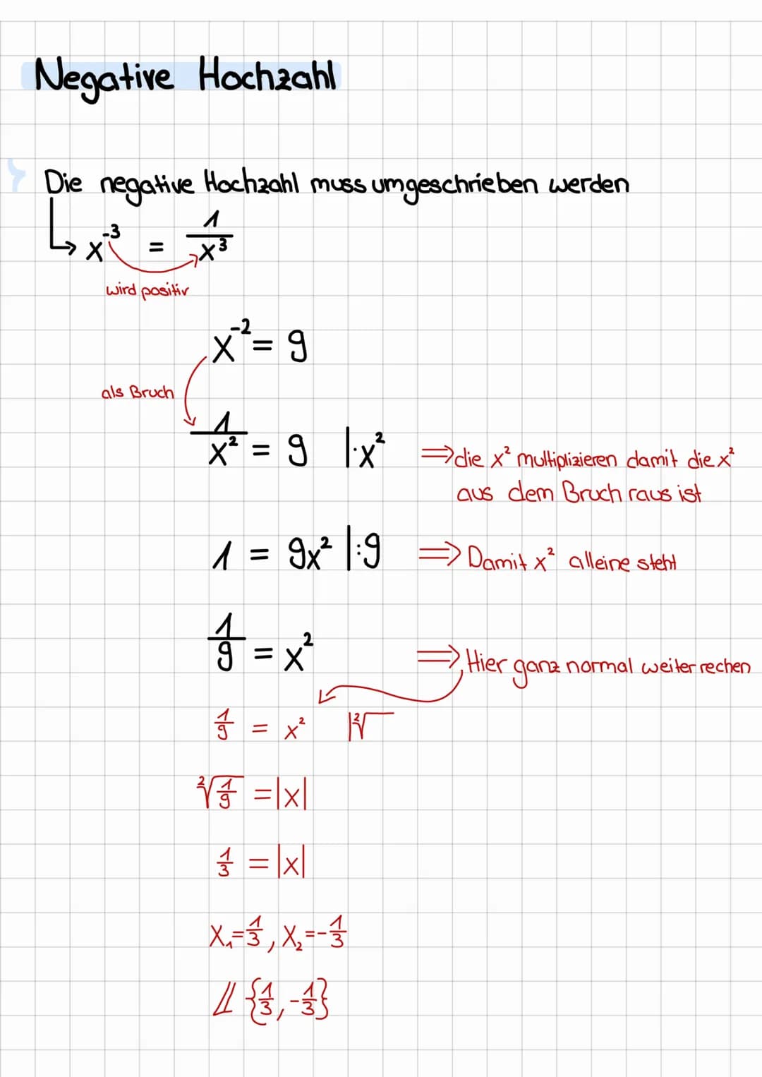 # Rationale Hochzahl
Die Zahl im Nenner als Hochzahl benutzen (potenzieren)
↳ keine negative Lösung erlaubt
Die 3 als hochzahl för
$x^{\fr