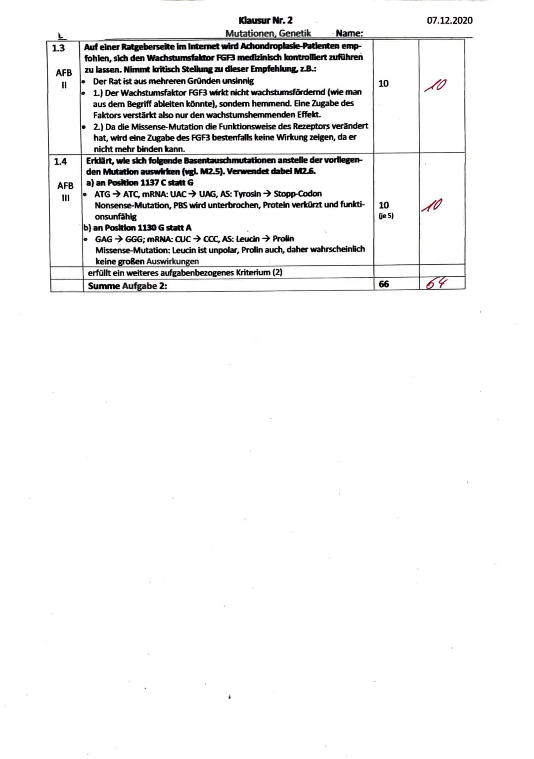 Klausur Nr. 2
Mutationen, Genetik
07.12.2020
Name:
Inhaltliche Leistung - Aufgabe 1: Achondroplasie
Name:
Anforderungen
Der Prüfling
Lösungs