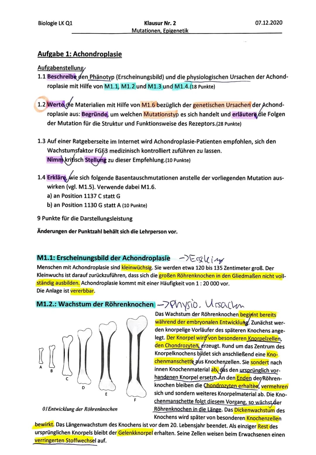 Klausur Nr. 2
Mutationen, Genetik
07.12.2020
Name:
Inhaltliche Leistung - Aufgabe 1: Achondroplasie
Name:
Anforderungen
Der Prüfling
Lösungs