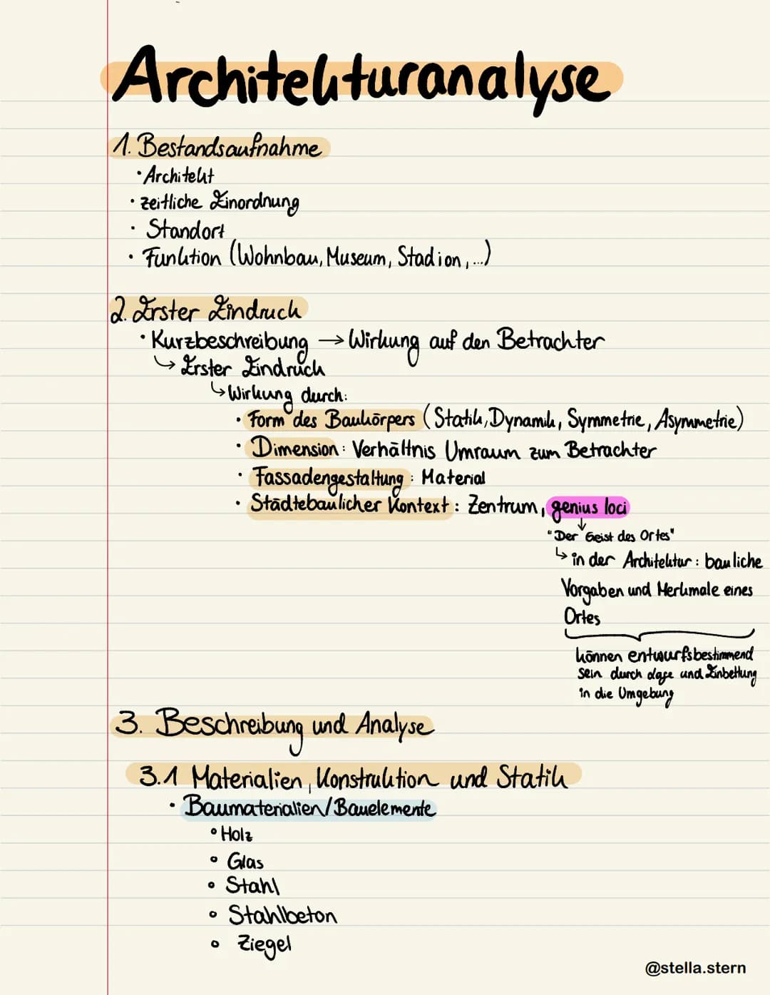 # Architekturanalyse
1. Bestandsaufnahme
- Architekt
- Zeitliche Linordnung
- Standort
- Funktion (Wohnbau, Museum, Stadion,....)
2. Erster