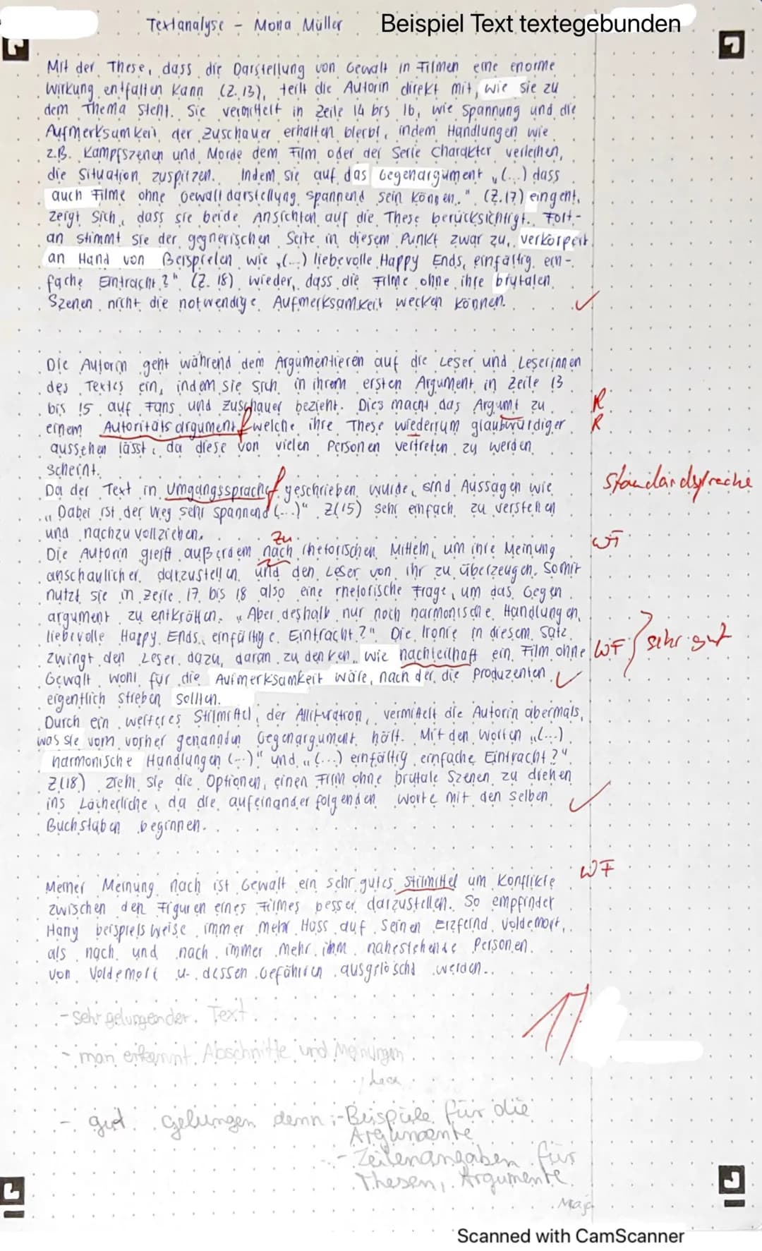너
L
## Textanalyse Mona Müller
## Beispiel Text textegebunden
Mit der These, dass die Darstellung von Gewalt in Filmen eine enorme
Wirkung