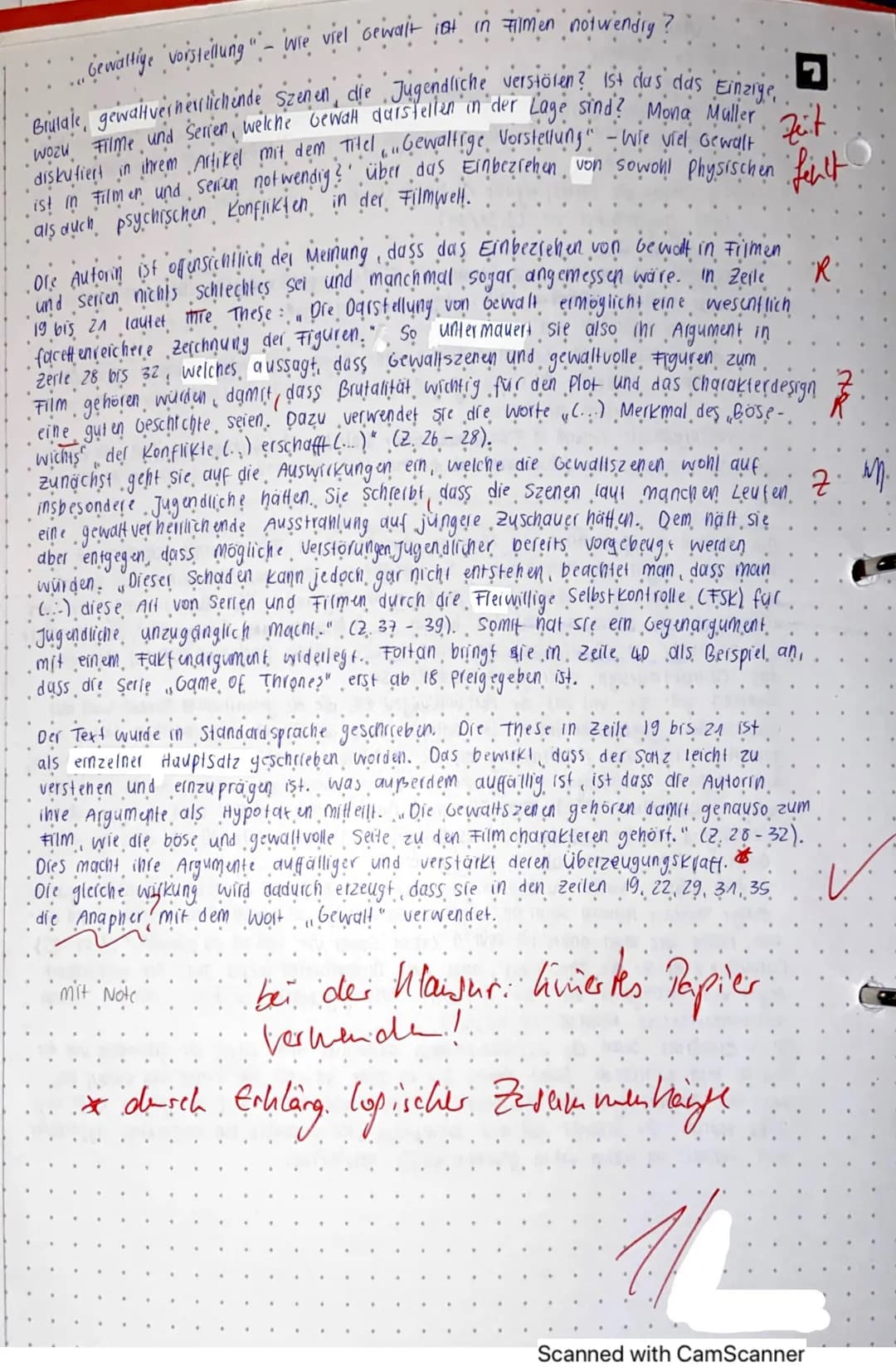 너
L
## Textanalyse Mona Müller
## Beispiel Text textegebunden
Mit der These, dass die Darstellung von Gewalt in Filmen eine enorme
Wirkung