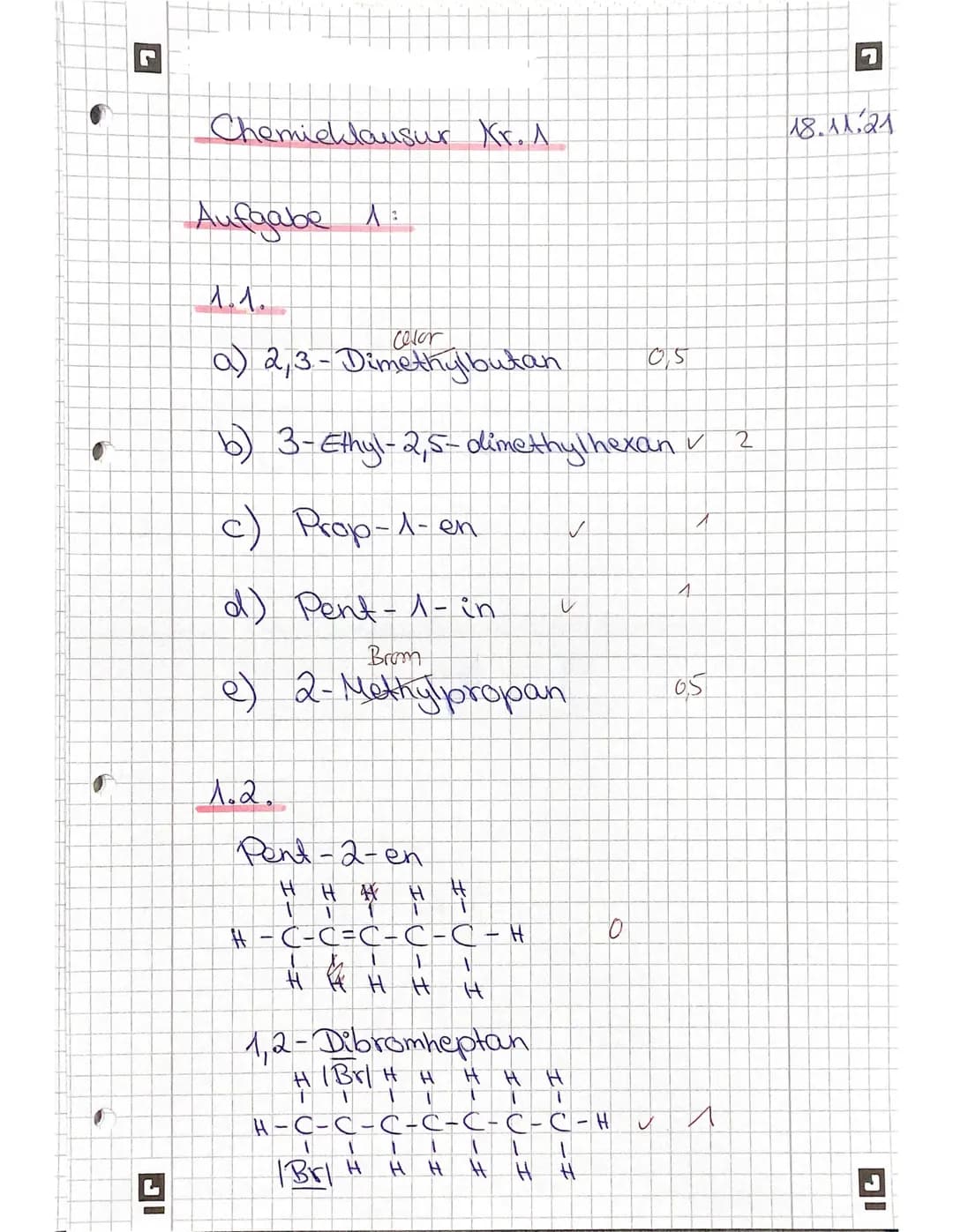 # Chemieklausur Kr. 1
18.11.21
## Aufgabe 1:
### 1.1.
- a) 2,3-Dimethylbutan celor 0,5
- b) 3-Ethyl-2,5-dimethylhexan ✓ 2
- c) Prop-1-en ✓