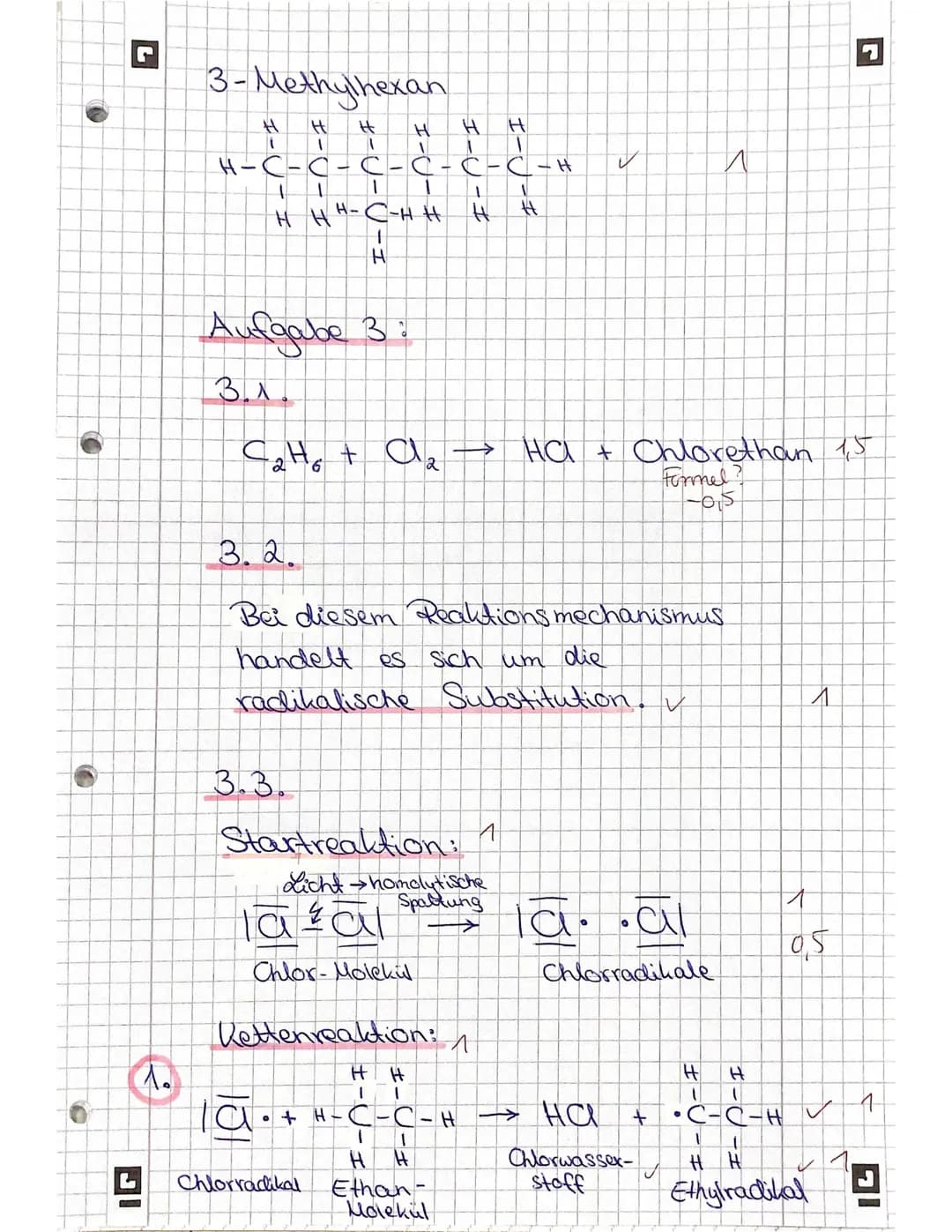 # Chemieklausur Kr. 1
18.11.21
## Aufgabe 1:
### 1.1.
- a) 2,3-Dimethylbutan celor 0,5
- b) 3-Ethyl-2,5-dimethylhexan ✓ 2
- c) Prop-1-en ✓