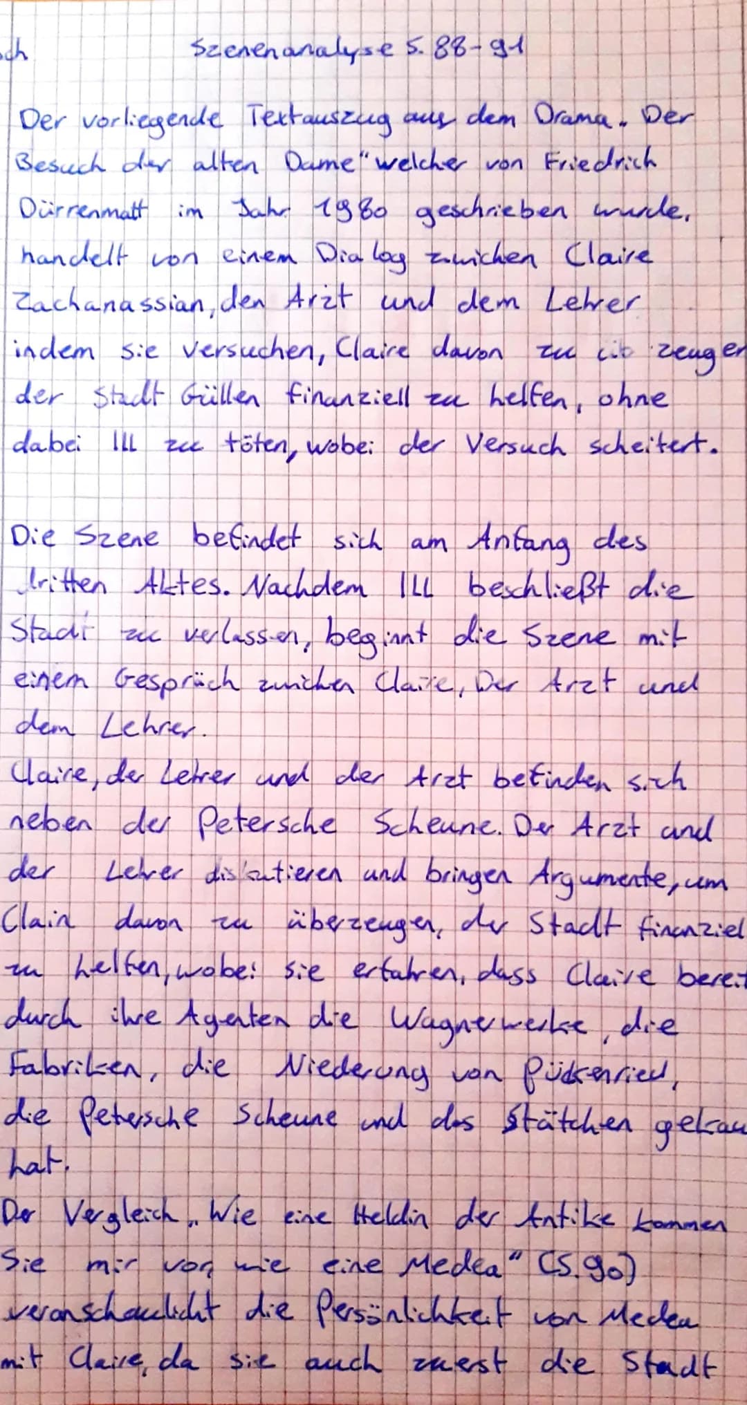h
# Szenenanalyse S. 88-91
Der vorliegende Textauszug aus dem Drama. Der
Besuch der alten Dame" welcher von Friedrich
Dürrenmatt im Jahr 198