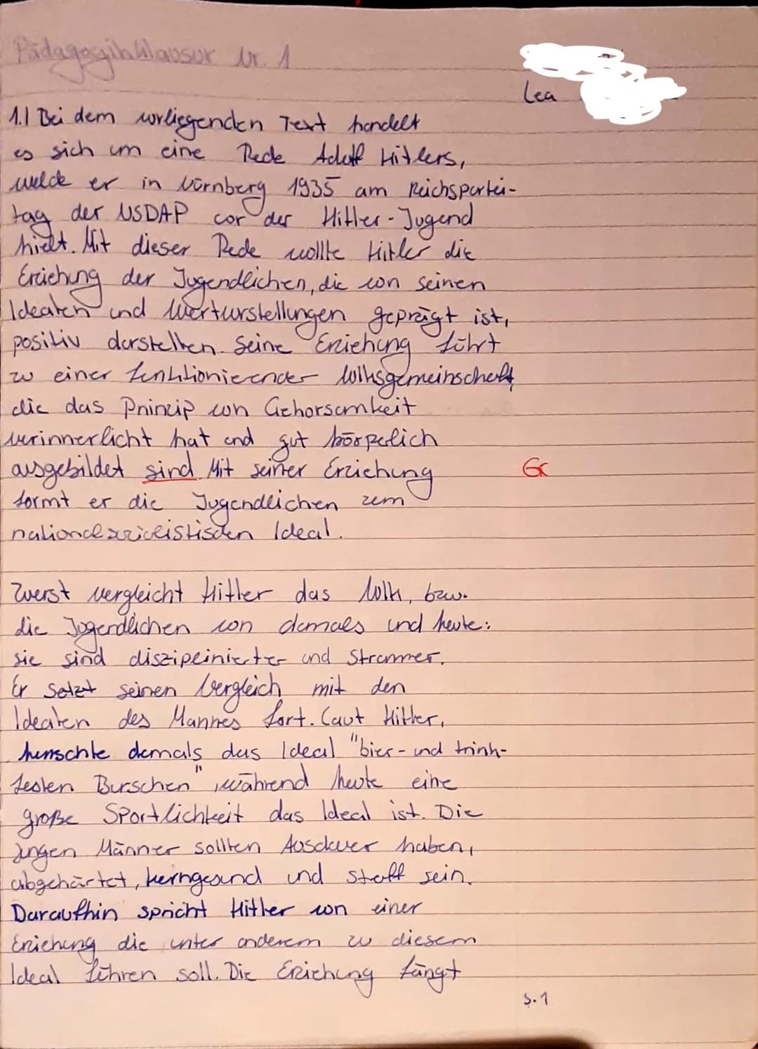# Pädagoginhlausur Ur. 1
1.1 Bei dem wrliegenden Text trondelt.
es sich um eine Rede Adolf Hitlers,
welde er in Nürnberg 1935 am Reichspart