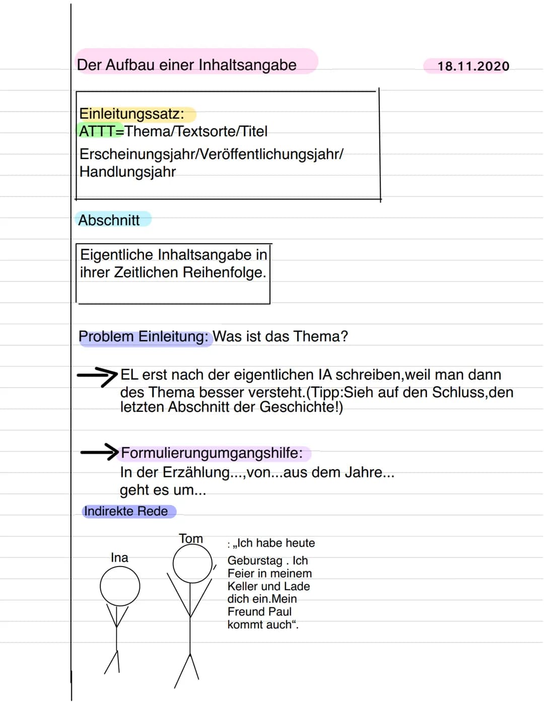 # Der Aufbau einer Inhaltsangabe
18.11.2020
## Einleitungssatz:
- ATTT=Thema/Textsorte/Titel
- Erscheinungsjahr/Veröffentlichungsjahr/
Ha