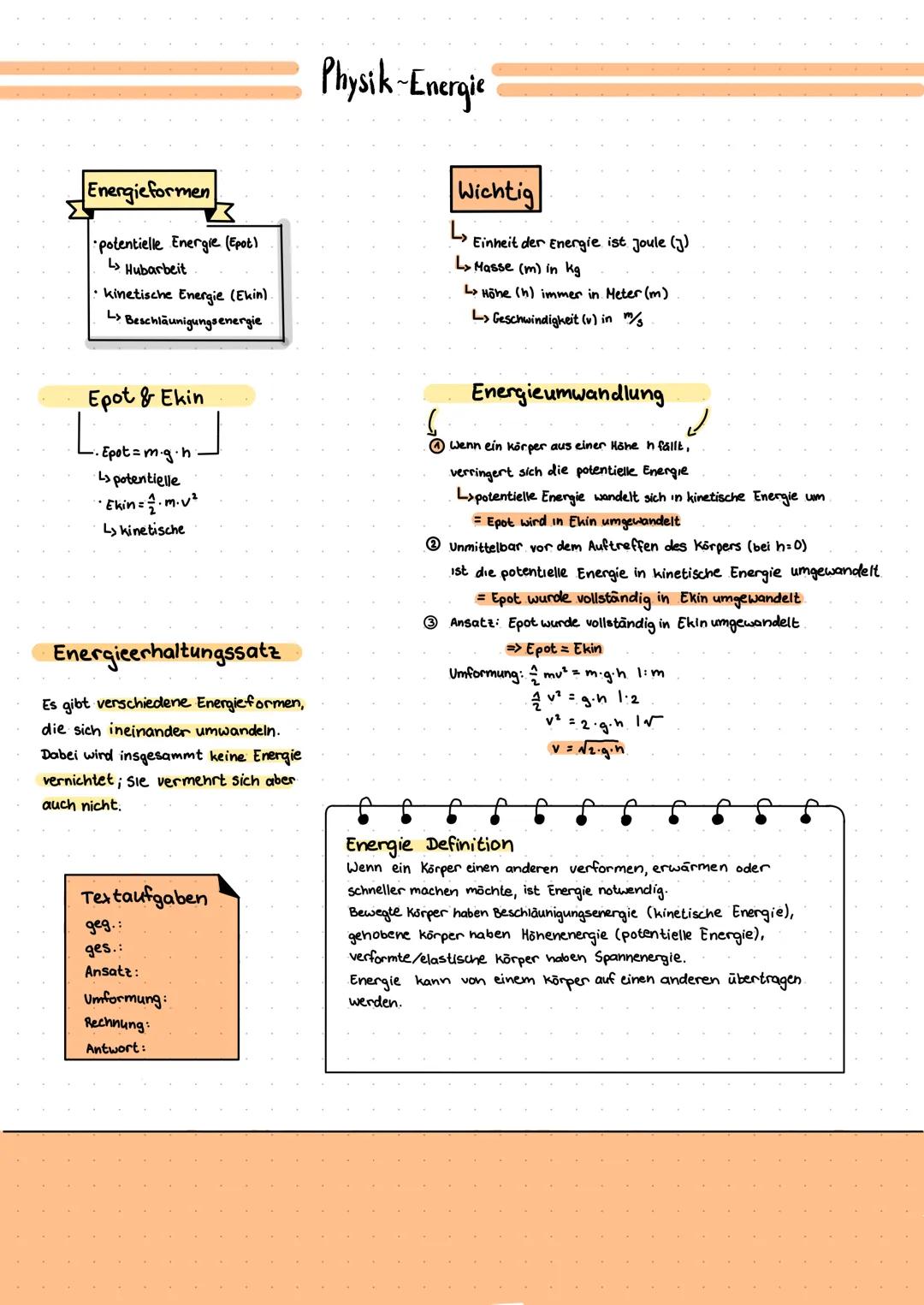 Energieformen
potentielle Energie (Epot)
L> Hubarbeit
kinetische Energie (Ekin).
L> Beschläunigungsenergie
Epot & Ekin
· Epot = m.g.h:
L> po