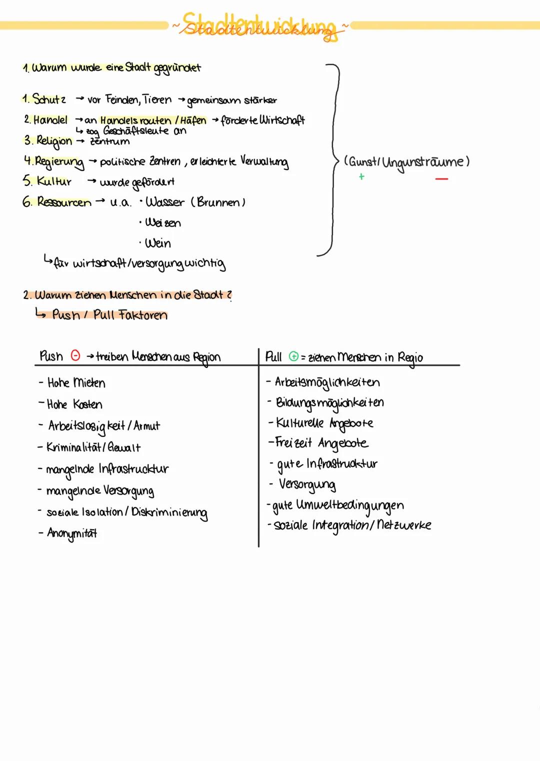 ~Stadtentwicklung
1. Warum wurde eine Stadt gegründet
1. Schut z $\rightarrow$ vor Feinden, Tieren $\rightarrow$ gemeinsam stärker
2. Hana