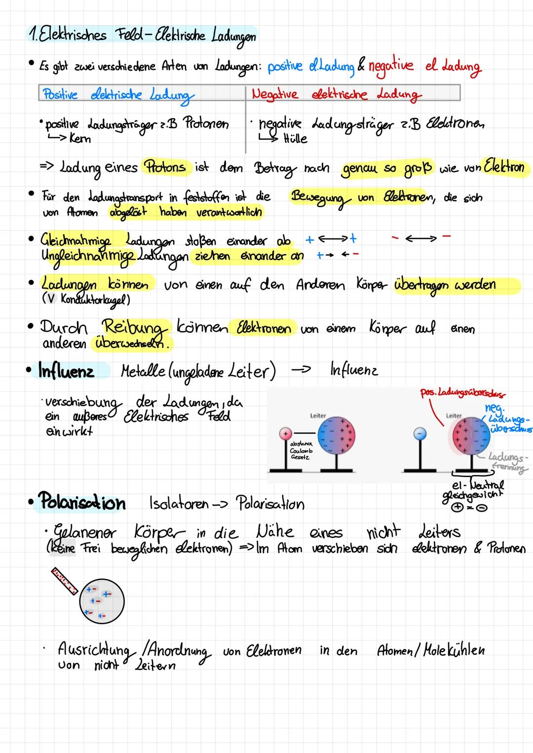 Zusammenfassung
Physik-klausuri
Ladungen 1. Elektrisches Feld-Elektrische Ladungen
●
Es gibt zwei verschiedene Arten von Ladungen: positive