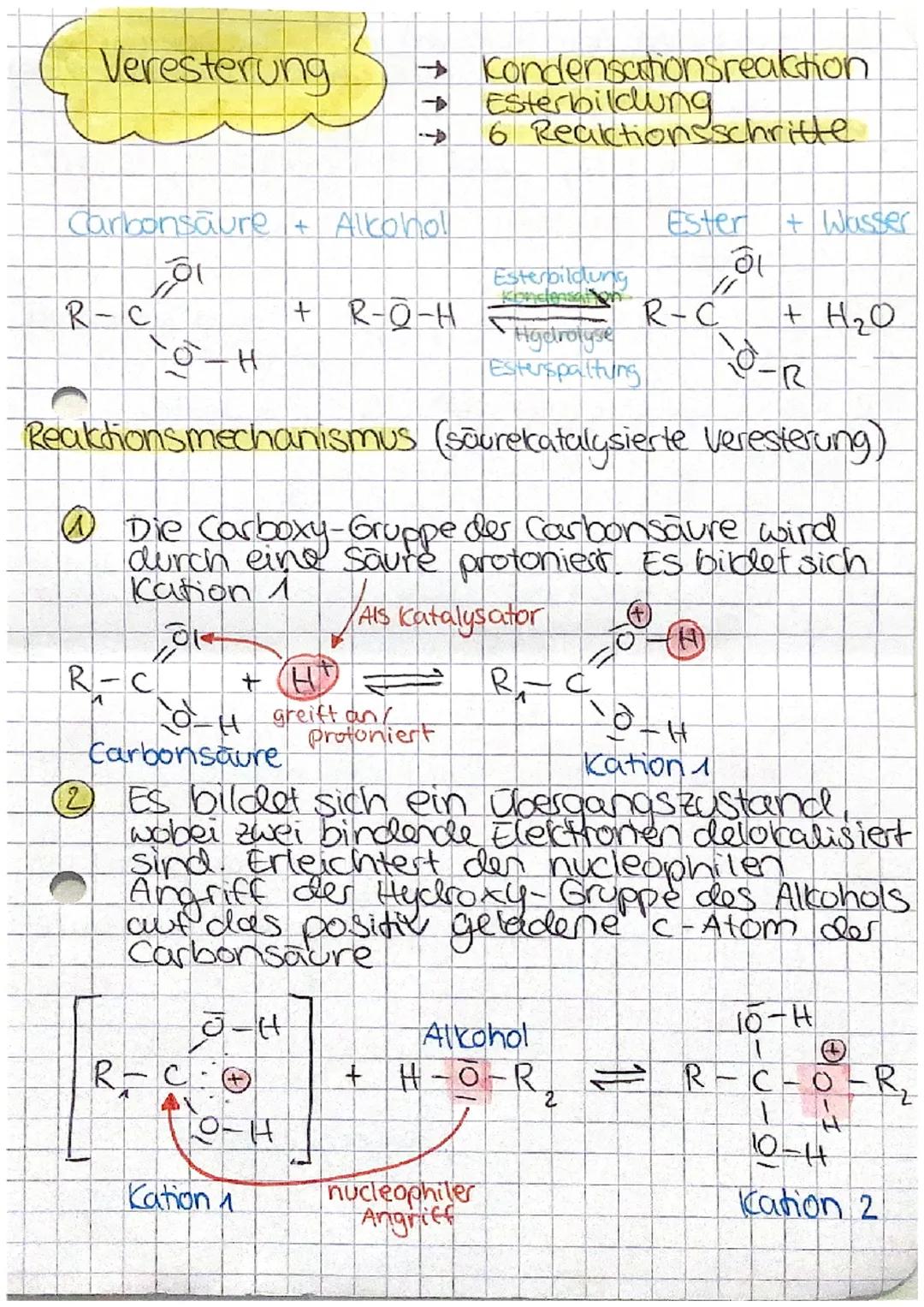 # Veresterung
- → Kondensationsreaktion
- Esterbildung
- 6 Reaktionsschritte
Carbonsäure + Alkoholl
$R-C$
گیا
エーク
+ $R-Q-H$
Esterbild