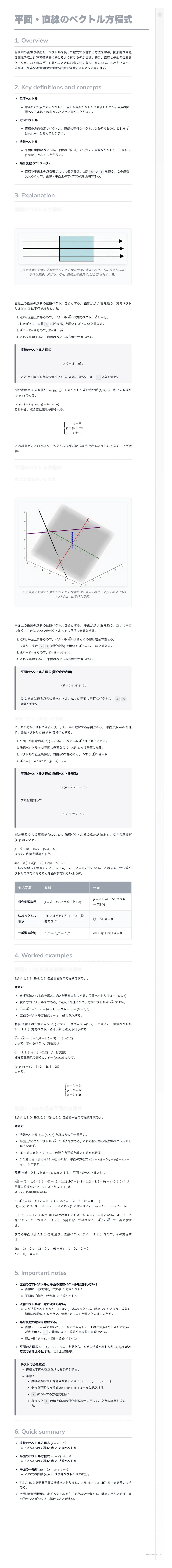 # 平面・直線のベクトル方程式
1. Overview
2. Key definitions and concepts
* **ベクトル方程式**
* ベクトル方程式とは、ベクトルを用いて図形(直線、平面、円など)を表す方程式のことです。
* **位置
