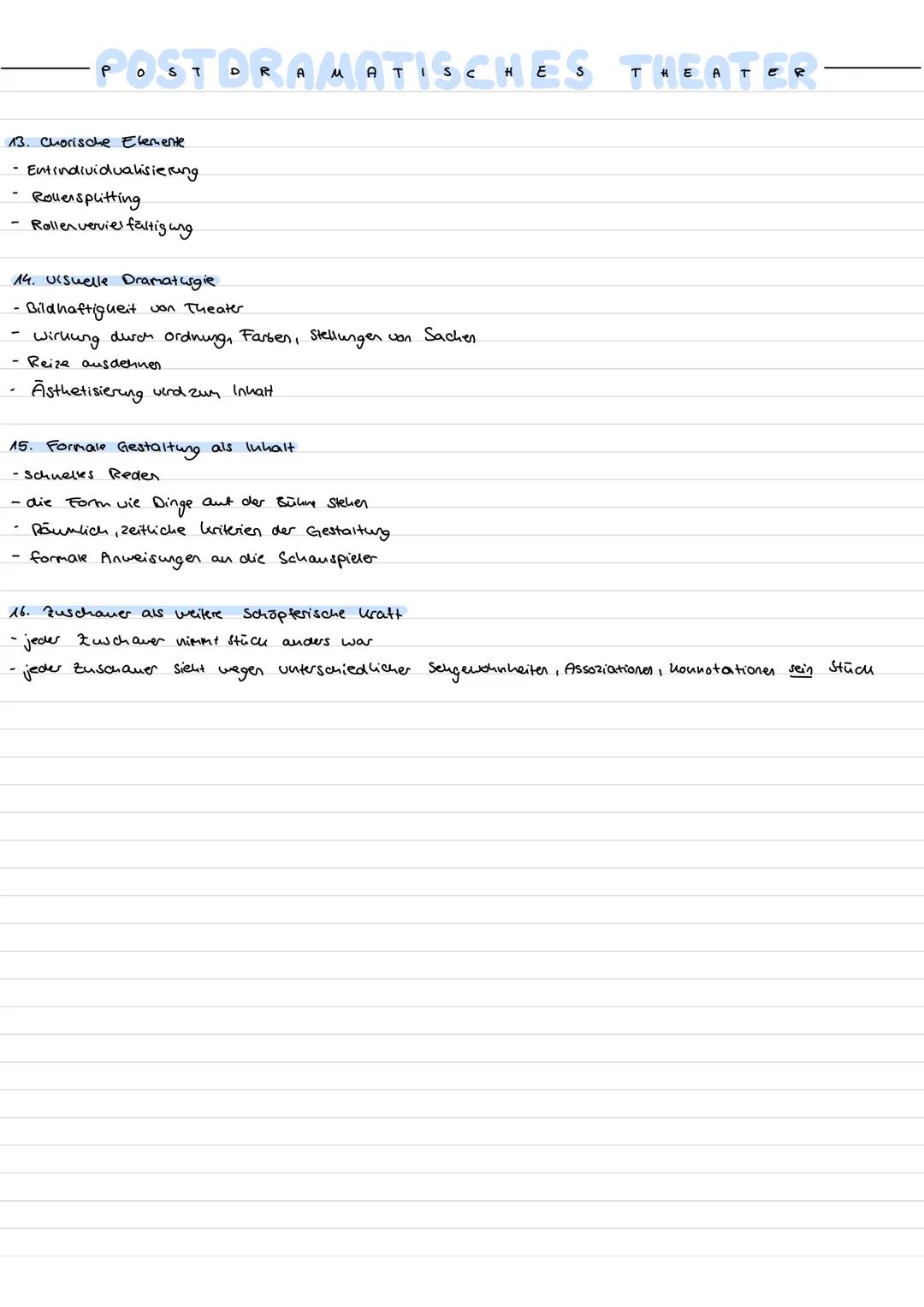 - POSTDRAMATISCHES THEATER-
- eigene Bühnen wirklichkeit
- Sprache nicht mehr als primares Zentrum Mimik, Gestik, Maske etc. sind gleichra