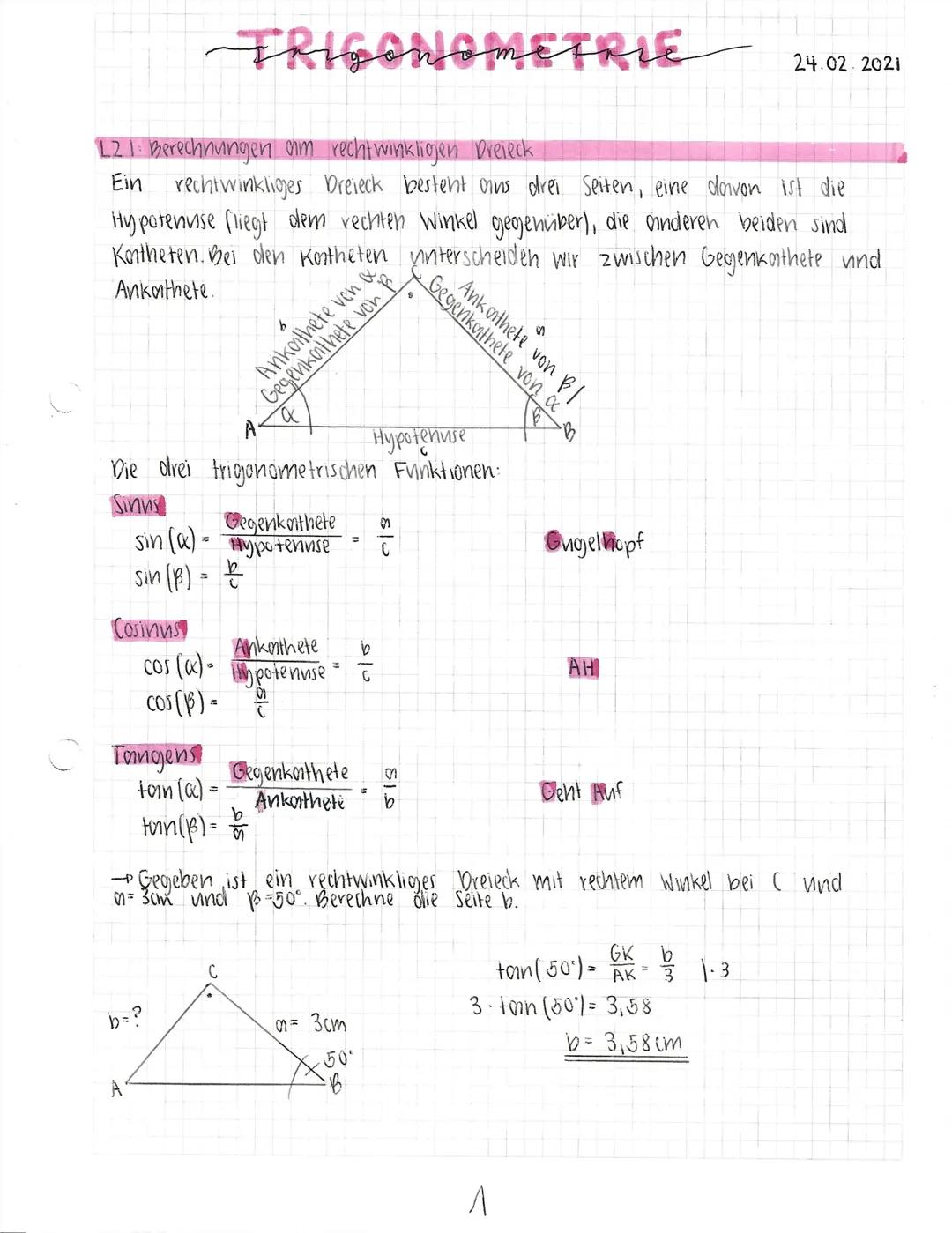 # TRIGONOMETRIE
24.02.2021
1.2.1. Berechnungen im rechtwinkligen Dreieck
Ein rechtwinkliges Dreieck bestent ans drei Seiten, eine davon i