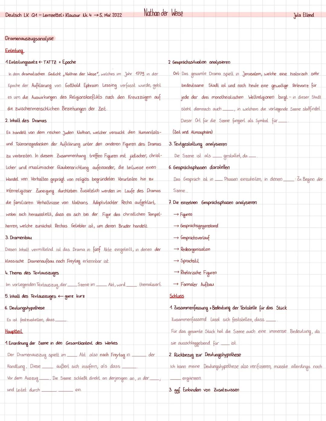 Deutsch LK Q1 - Lernzettel: Klausur Nr. 45. Mai. 2022
Dramenauszugsanalyse
Einleitung
1. Einleitungssatz ← TATTZ + Epoche
In dem dramatische