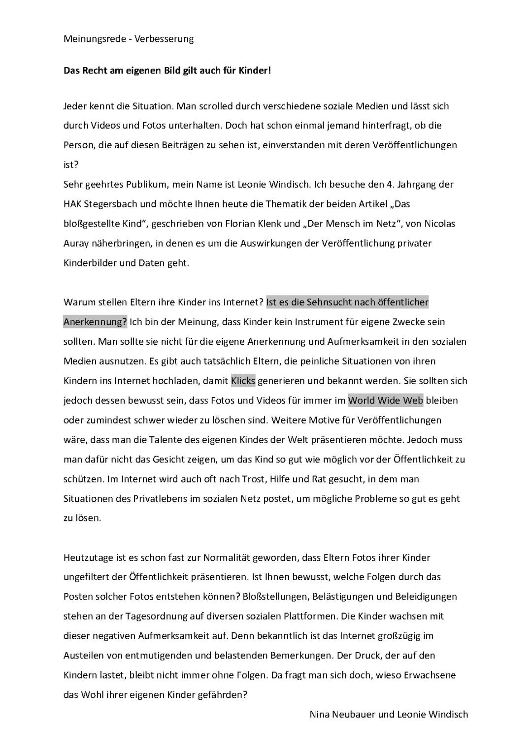 Meinungsrede - Das Recht am eigenen Bild gilt auch für Kinder!