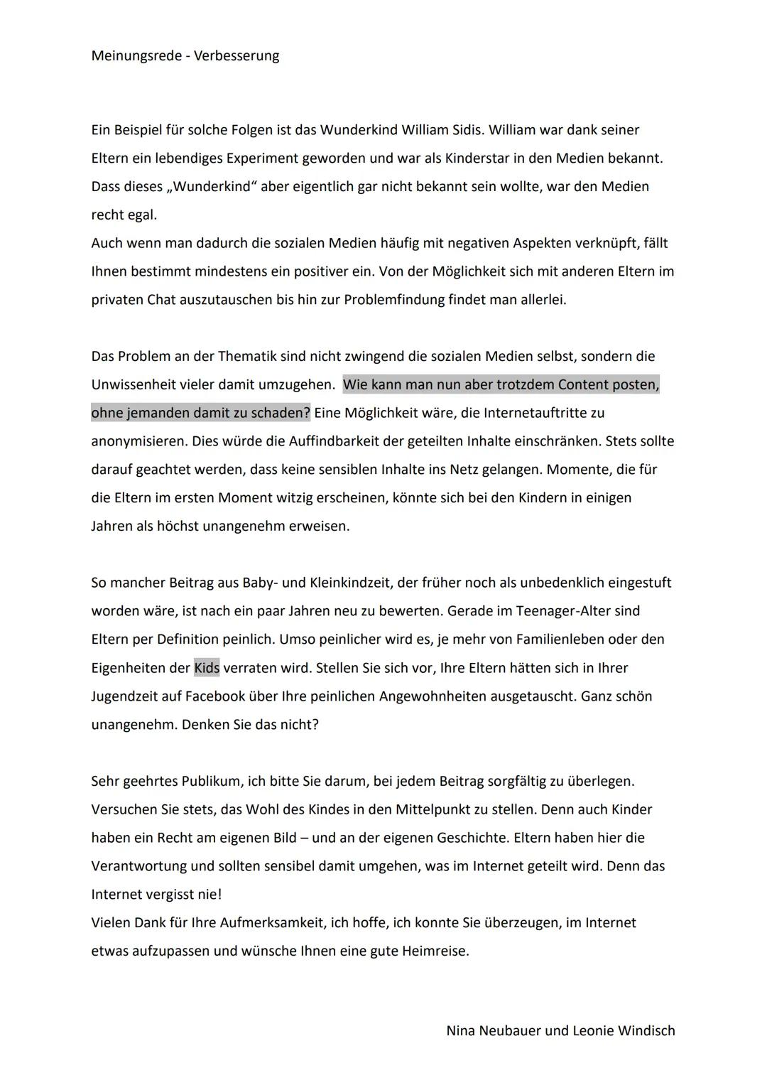 Meinungsrede - Verbesserung
Das Recht am eigenen Bild gilt auch für Kinder!
Jeder kennt die Situation. Man scrolled durch verschiedene sozia