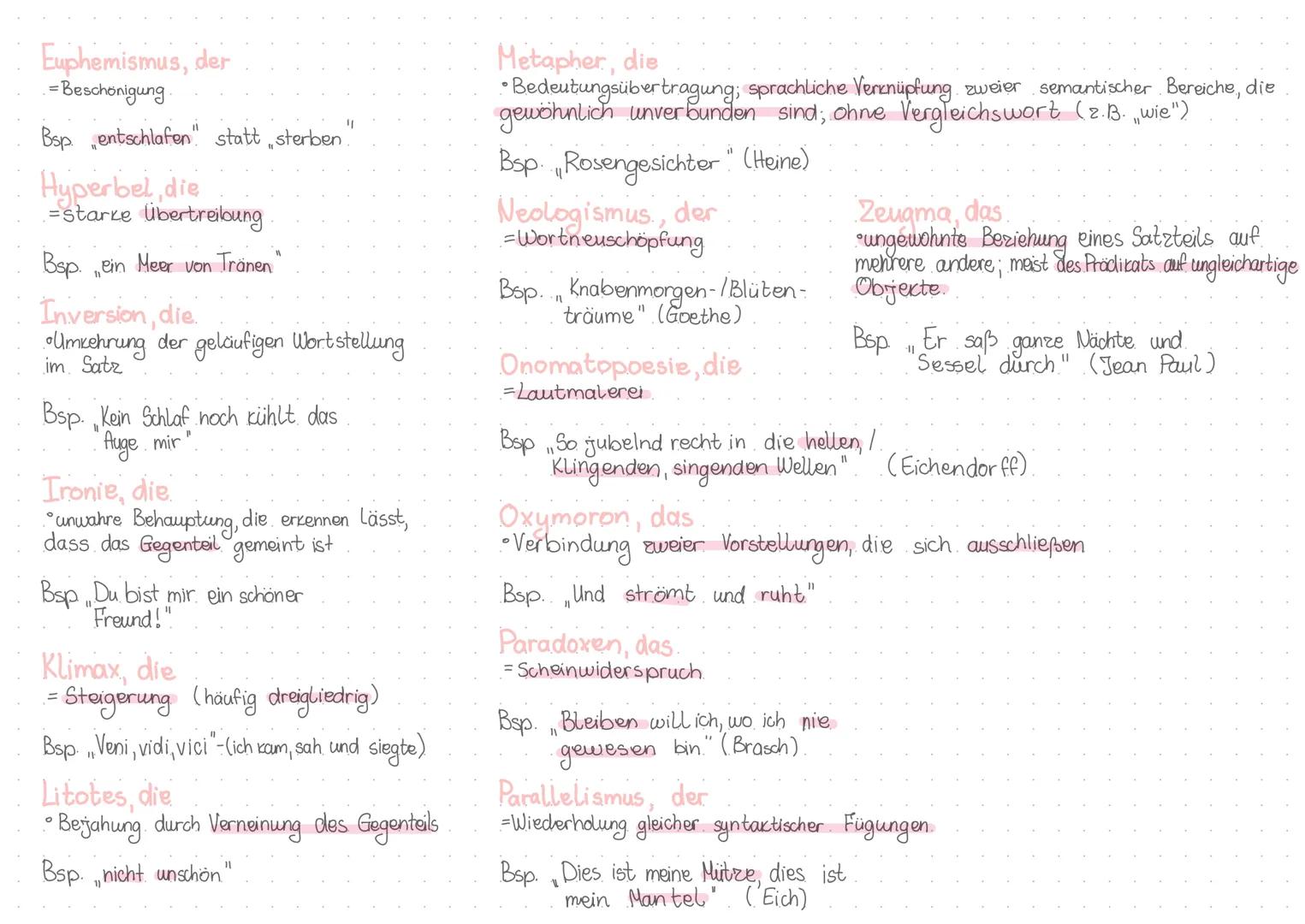 # RHETORISCHE FIGUREN
Akkumulation, die.
• Reihung von Begriffen zu einem genannten oder
nicht genannten Oberbegriff
Bsp. Lieben, hassen,