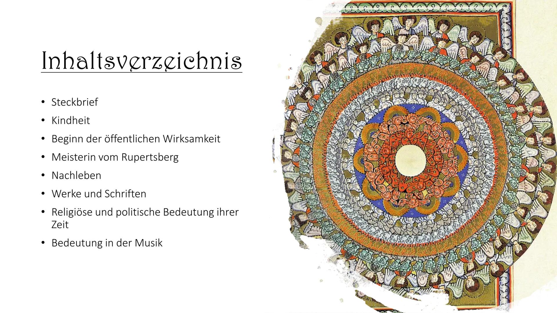 # SAINT
HILDEGARD
von BINGEN
Hildegard von
Bingen # Inhaltsverzeichnis
* Steckbrief
* Kindheit
* Beginn der öffentlichen Wirksamke
