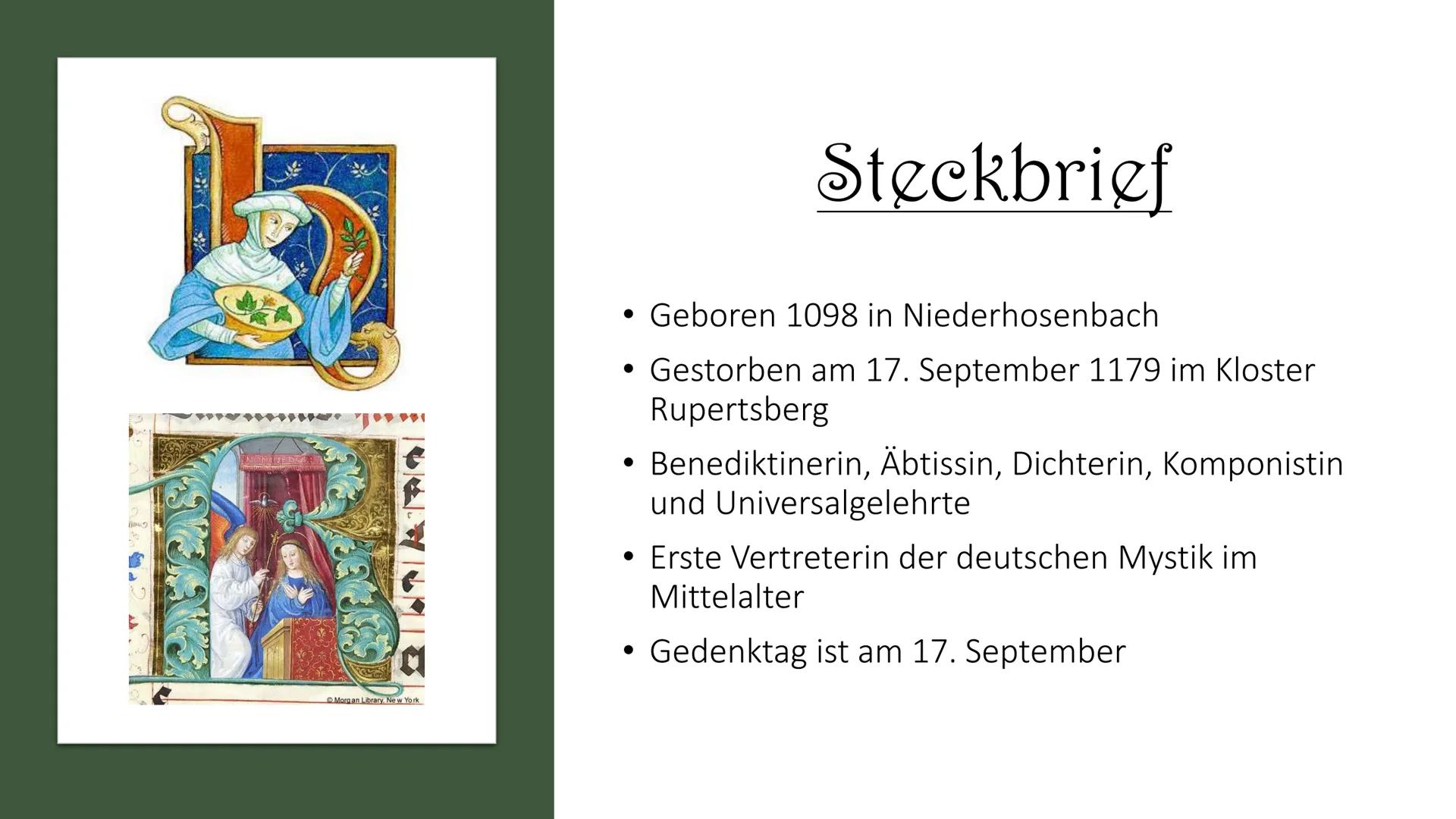 # SAINT
HILDEGARD
von BINGEN
Hildegard von
Bingen # Inhaltsverzeichnis
* Steckbrief
* Kindheit
* Beginn der öffentlichen Wirksamke