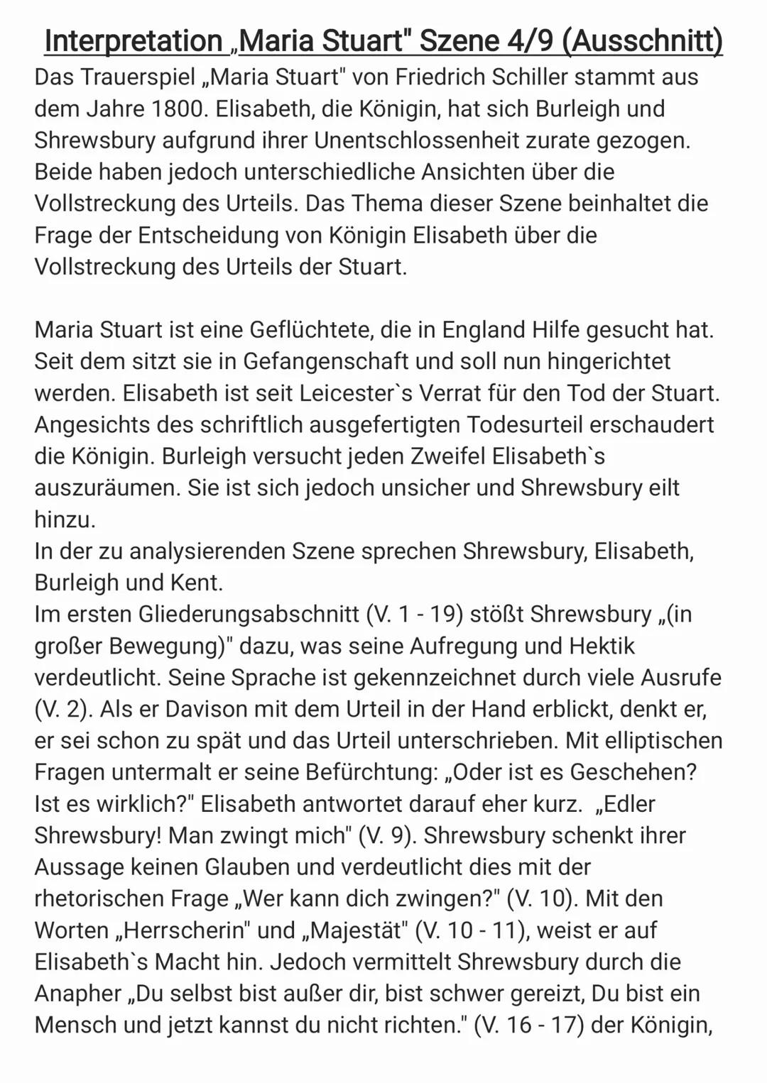 # Interpretation „Maria Stuart" Szene 4/9 (Ausschnitt)
Das Trauerspiel „Maria Stuart" von Friedrich Schiller stammt aus
dem Jahre 1800. Eli