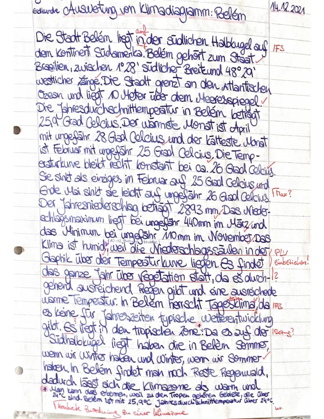 Benotete Auswertung eines Klimadiagrammes: Belém, 12. Klasse