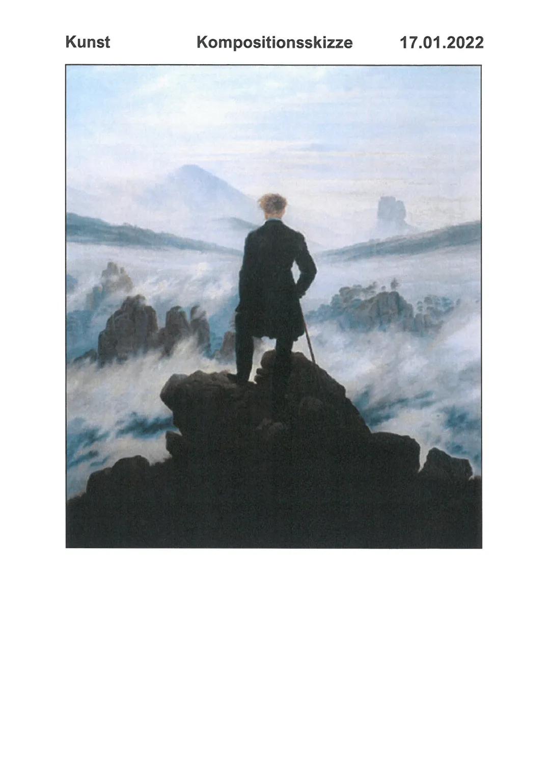 Kunst
Kompositionsskizze
Caspar David Friedrich Der Wanderer über dem Nebelmeer (1818)
Daten:
17.01.2022
Das Bild, ,,Der Wanderer über dem N