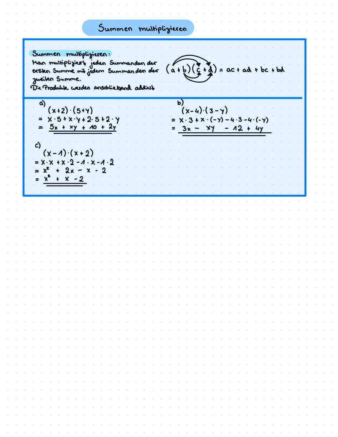 Summen multiplizieren.
Summen multiplizieren:
Man multipliziert jeden Summanden
ersten Summe mit jedem Summan den der (a + b) (+₁)
zweiten S
