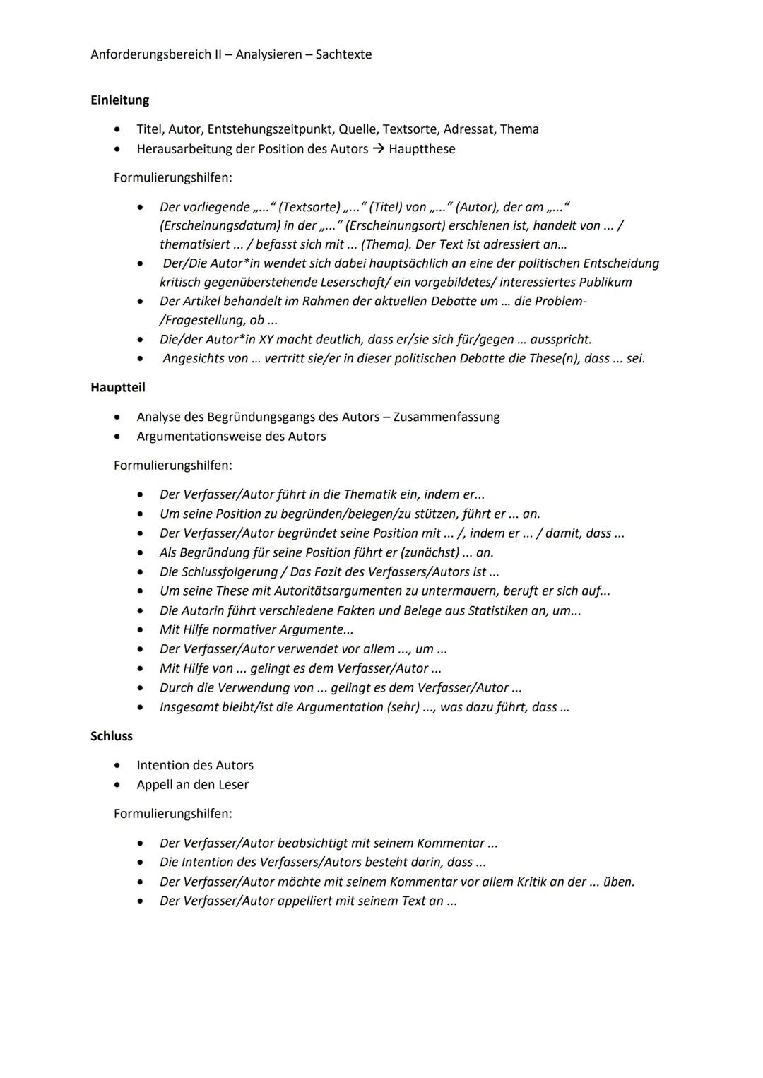 Aufbau - Analyse - Sachtexte