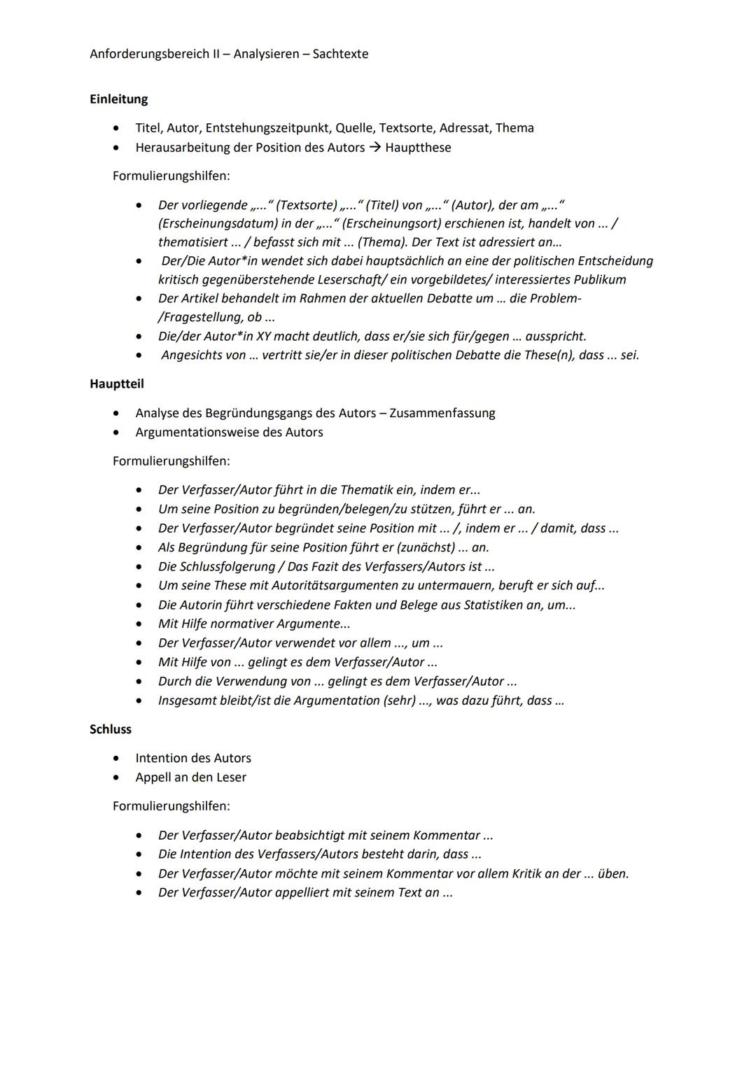 Anforderungsbereich II - Analysieren - Sachtexte
Einleitung
● Titel, Autor, Entstehungszeitpunkt, Quelle, Textsorte, Adressat, Thema
Herausa
