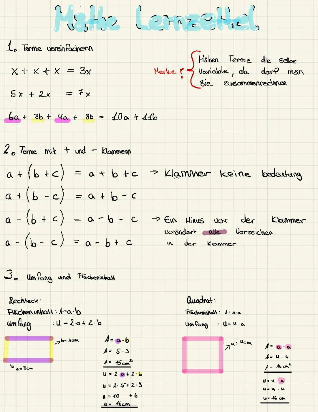 Flächeninhalte,Umfang,Terme