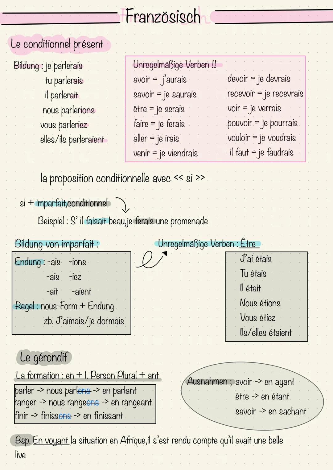 # Französisch
Le conditionnel présent
Bildung: je parlerais
tu parlerais
il parlerait
nous parlerions
vous parleriez
elles/ils parleraien