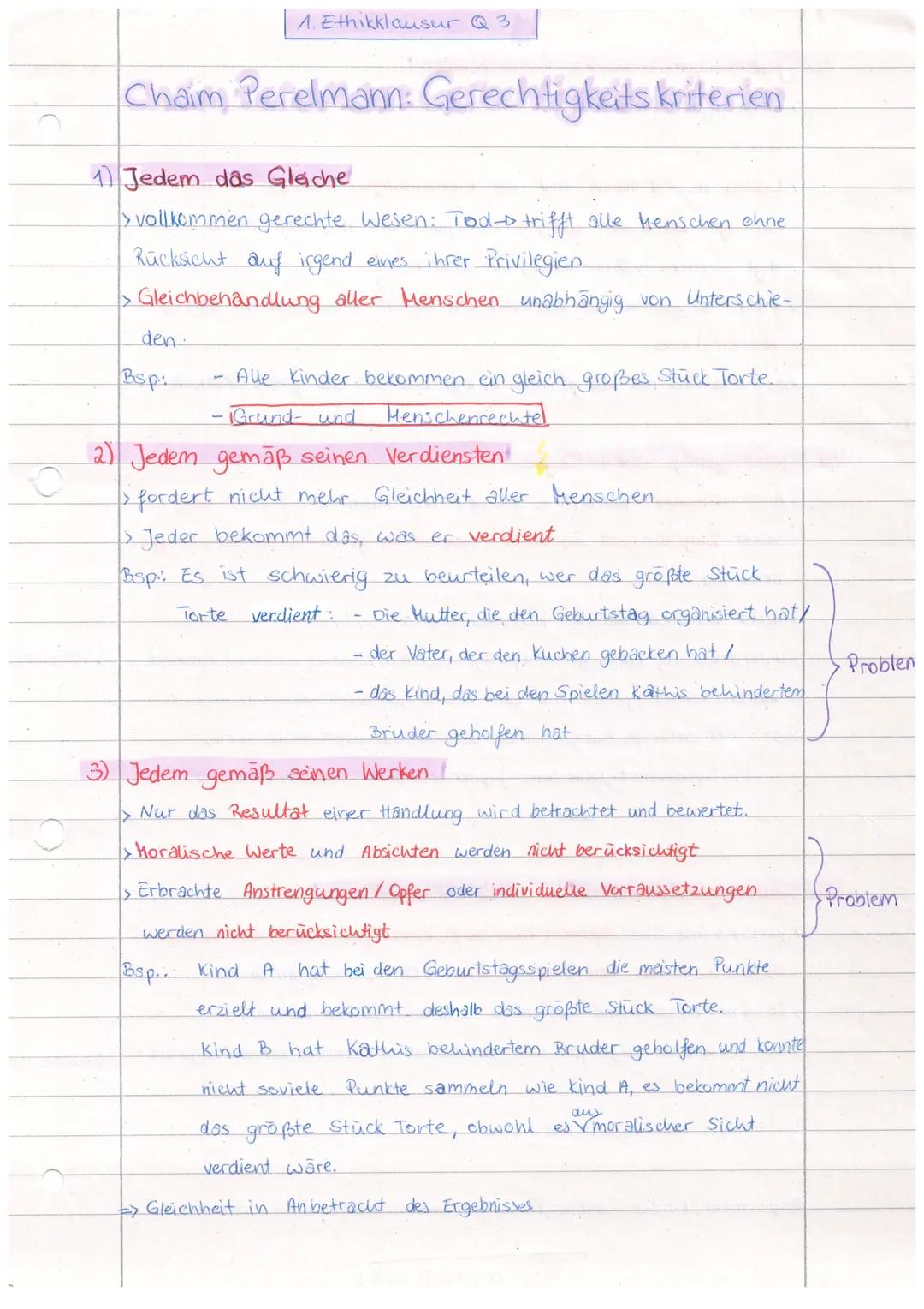 O
1. Ethikklausur Q 3
Chaim Perelmann: Gerechtigkeits kriterien
Jedem das Gleiche
> vollkommen gerechte Wesen: Todtrifft alle Menschen ohne