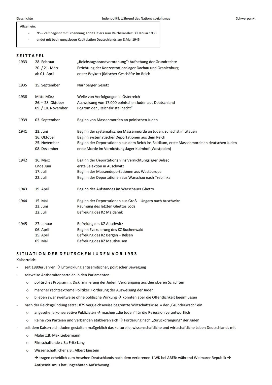 # Geschichte
Judenpolitik während des Nationalsozialismus
Schwerpunkt
Allgemein:
- NS-Zeit beginnt mit Ernennung Adolf Hitlers zum Reich
