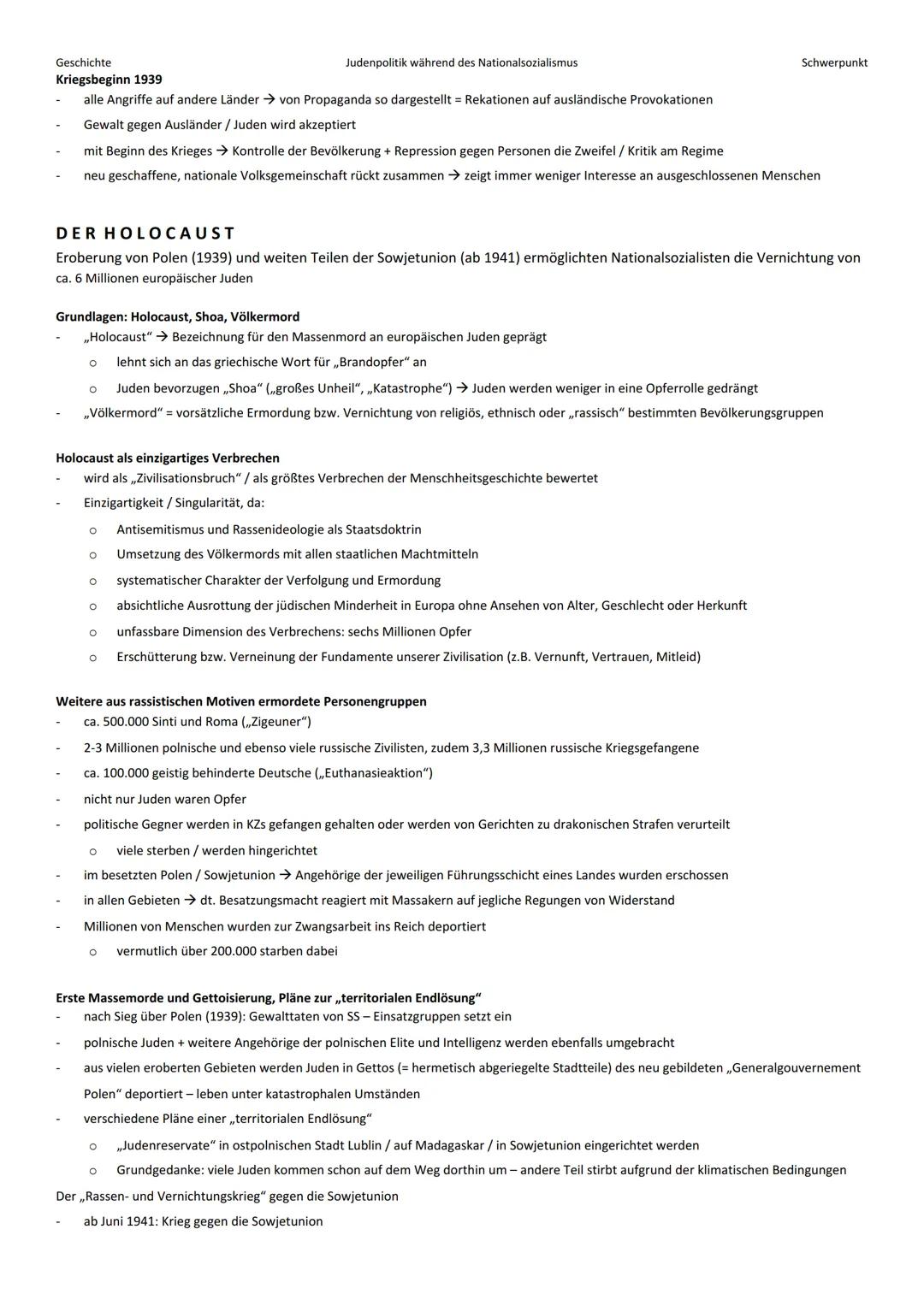 # Geschichte
Judenpolitik während des Nationalsozialismus
Schwerpunkt
Allgemein:
- NS-Zeit beginnt mit Ernennung Adolf Hitlers zum Reich