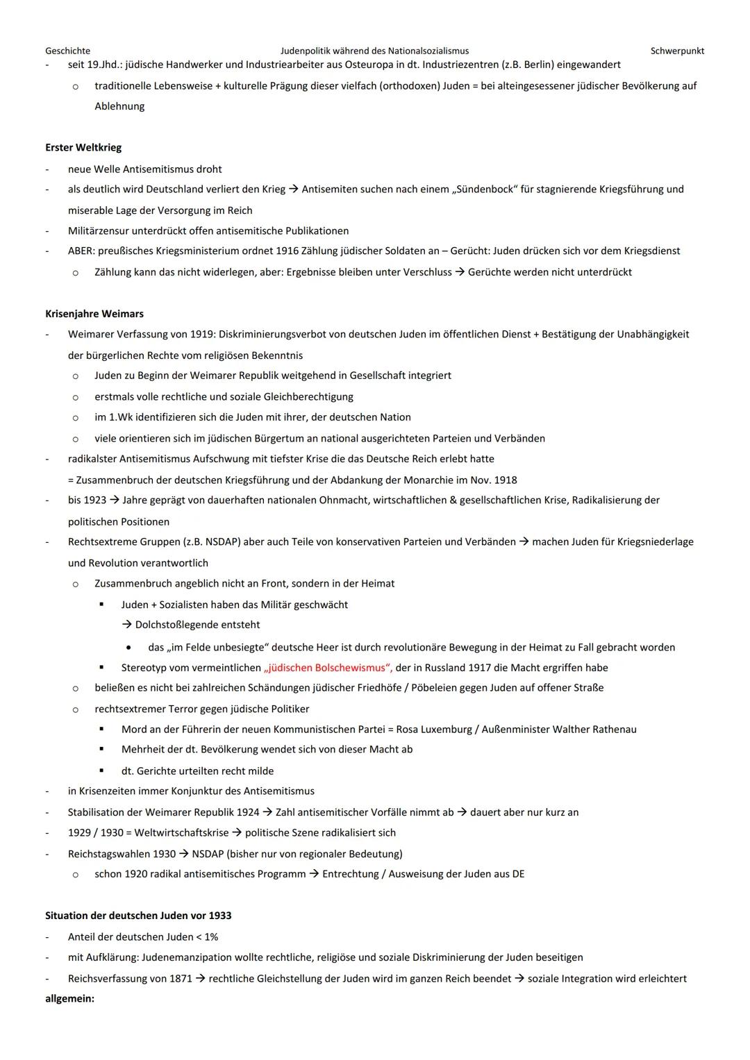 # Geschichte
Judenpolitik während des Nationalsozialismus
Schwerpunkt
Allgemein:
- NS-Zeit beginnt mit Ernennung Adolf Hitlers zum Reich