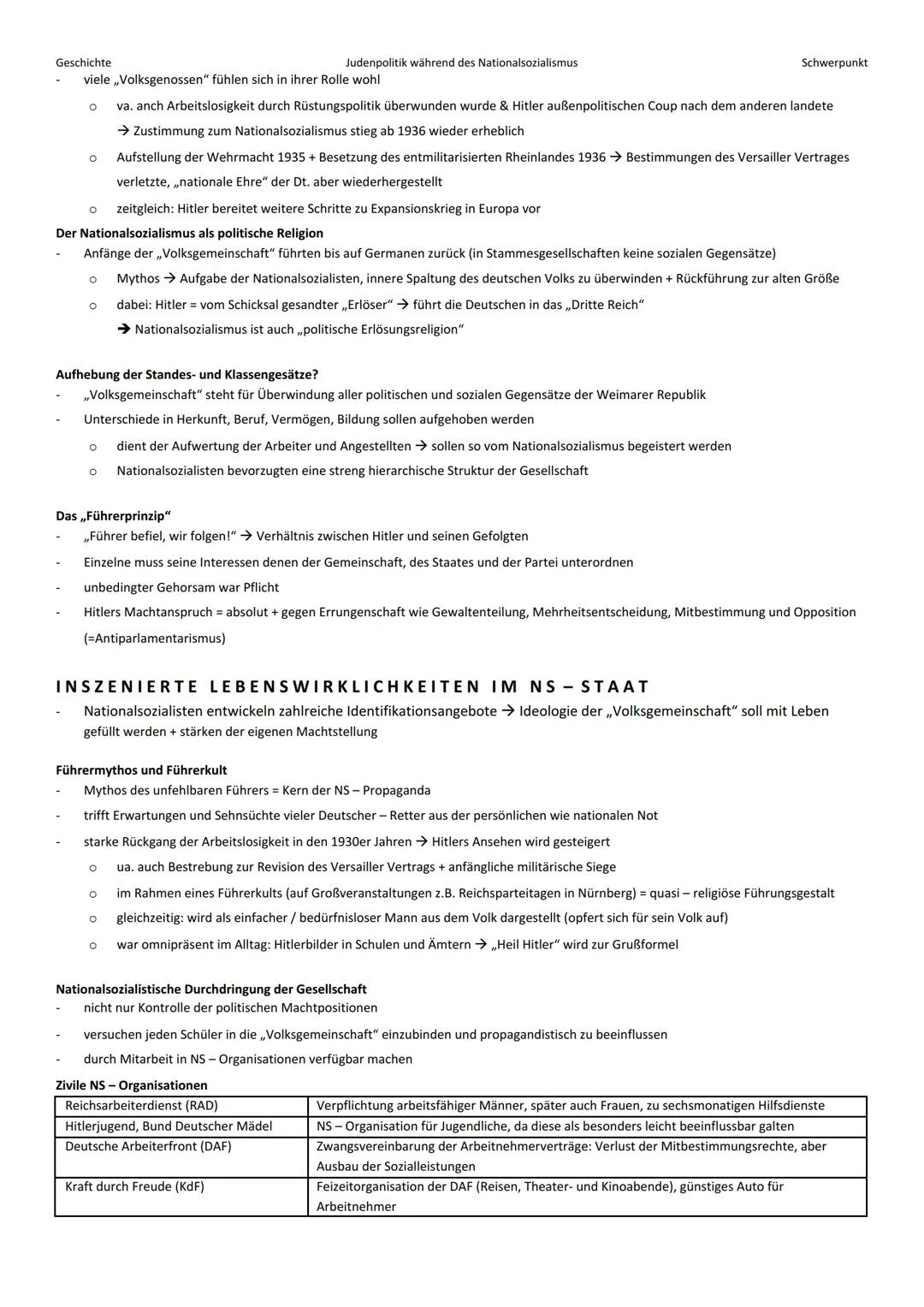 # Geschichte
Judenpolitik während des Nationalsozialismus
Schwerpunkt
Allgemein:
- NS-Zeit beginnt mit Ernennung Adolf Hitlers zum Reich