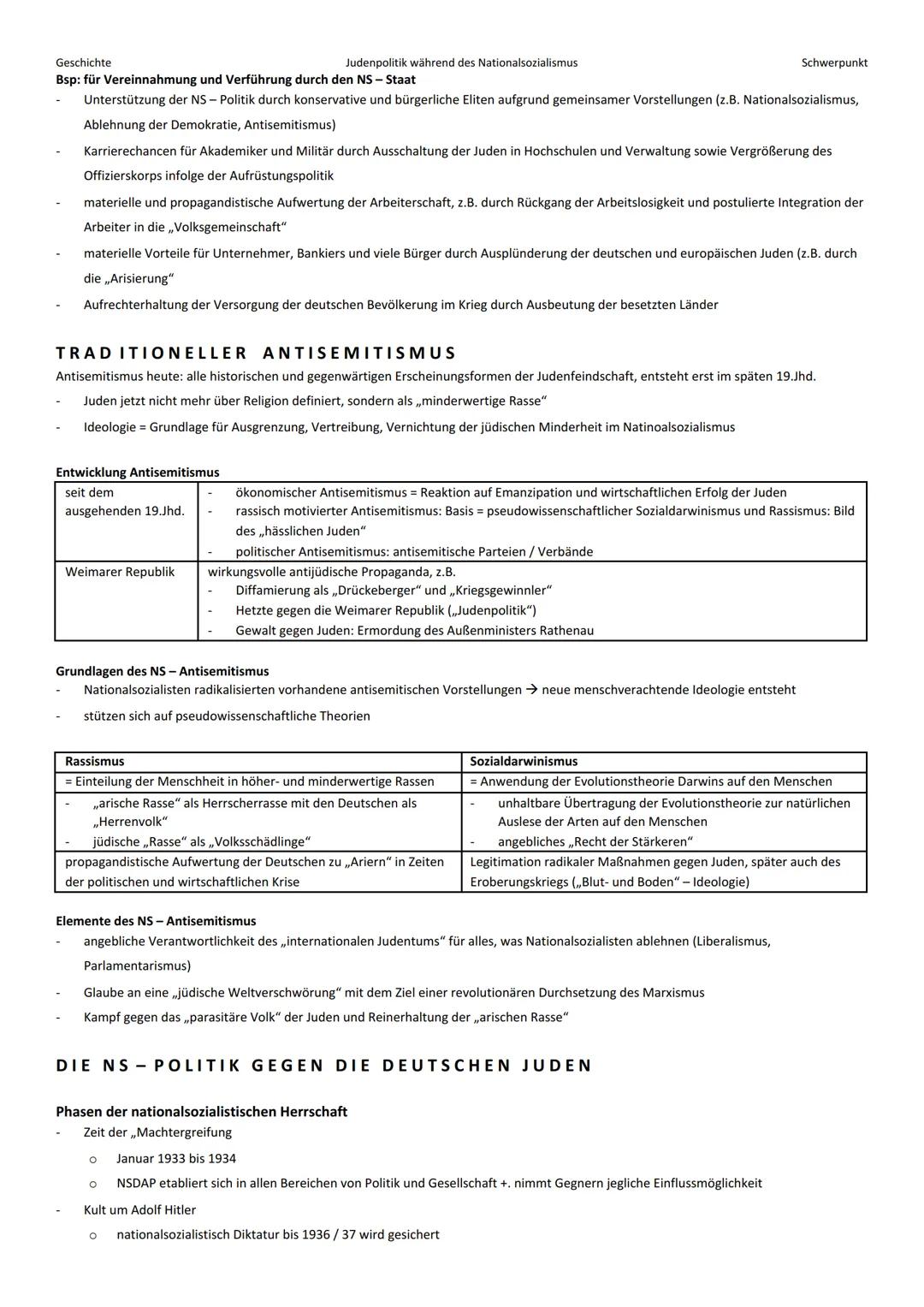 # Geschichte
Judenpolitik während des Nationalsozialismus
Schwerpunkt
Allgemein:
- NS-Zeit beginnt mit Ernennung Adolf Hitlers zum Reich