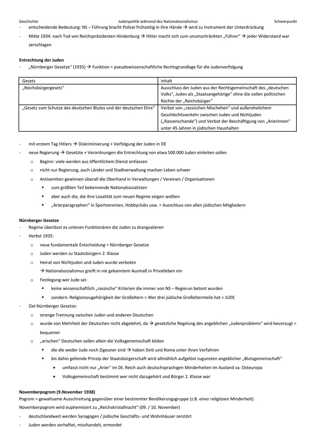 # Geschichte
Judenpolitik während des Nationalsozialismus
Schwerpunkt
Allgemein:
- NS-Zeit beginnt mit Ernennung Adolf Hitlers zum Reich