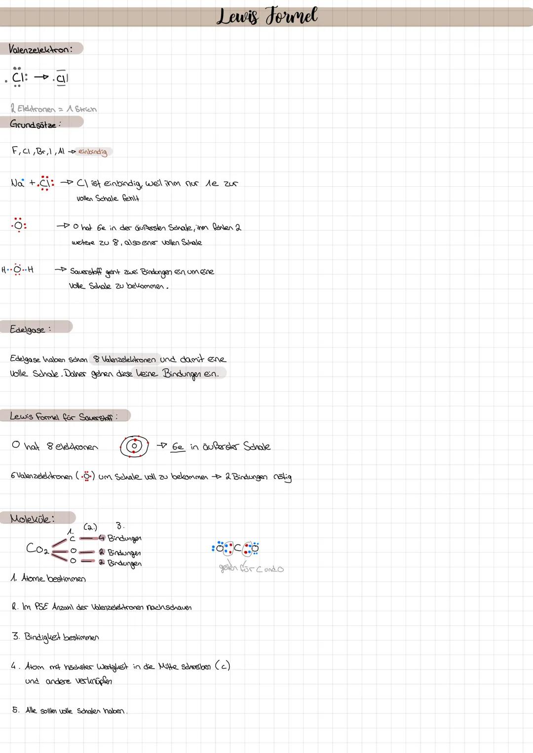 Lewis Formel
Valenzelektron:
2 Elektronen = 1 Strich
Grundsätze:
F,Cl, Br, 1, Aleinbindig
Na+.Ci: CI ist einbindig, weil ihm nor le zur