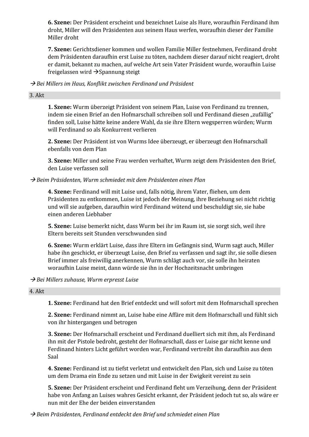 # Kabale und Liebe – Handlung
1. Akt
1. Szene: Miller redet mit seiner Frau über Beziehung von Luise und Ferdinand, ist
verärgert darüber,