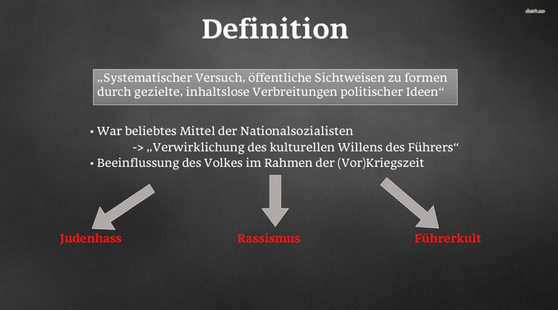 NS-Propaganda
Celine, Nicole, Luca, Oliver, Adenisa
3 ●
●
Definition
Inhaltsverzeichnis
Propagandaministerium
- Joseph Goebbels
- Aufgaben
-
