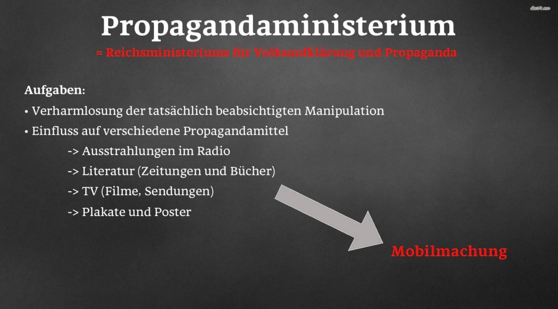 NS-Propaganda
Celine, Nicole, Luca, Oliver, Adenisa
3 ●
●
Definition
Inhaltsverzeichnis
Propagandaministerium
- Joseph Goebbels
- Aufgaben
-