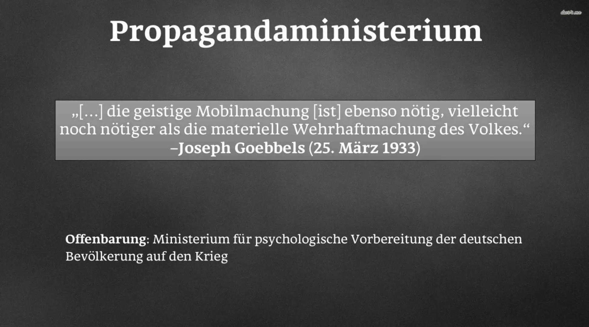 NS-Propaganda
Celine, Nicole, Luca, Oliver, Adenisa
3 ●
●
Definition
Inhaltsverzeichnis
Propagandaministerium
- Joseph Goebbels
- Aufgaben
-