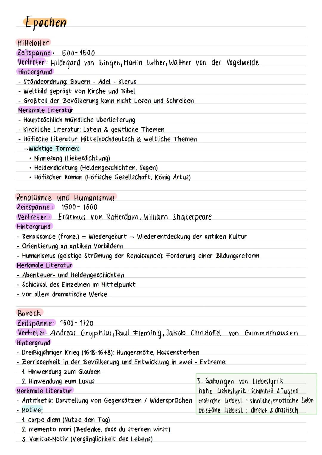 # Epochen
## Mittelalter
Zeitspanne: 500-1500
Vertreter: Hildegard von Bingen, Martin Luther, Walther von der Vogelweide
Hintergrund
- Stän