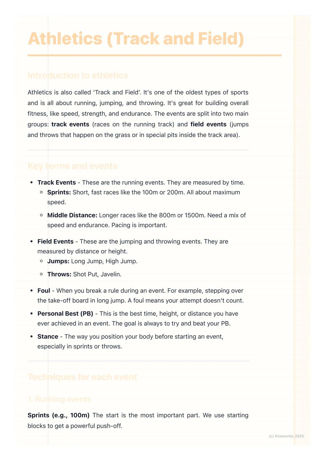 # Athletics (Track and Field)
Introduction to athletics
Athletics is also called 'Track and Field'. It's one of the oldest types of sports