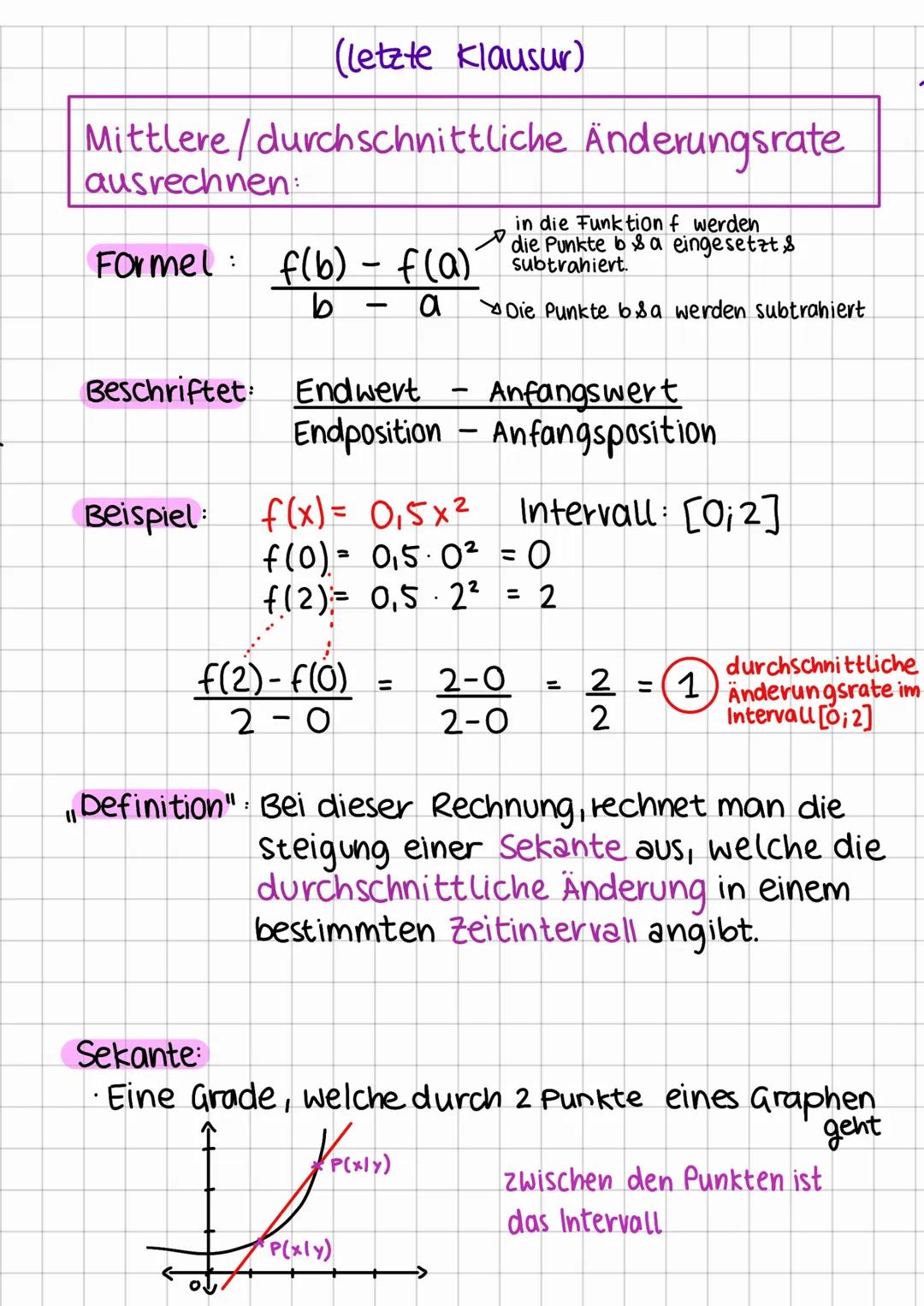 (Letzte klausur)
Mittlere/durchschnittliche Änderungsrate
ausrechnen:
Formel: $\frac{f(b) - f(a)}{b - a}$
in die Funktion f werden
die P