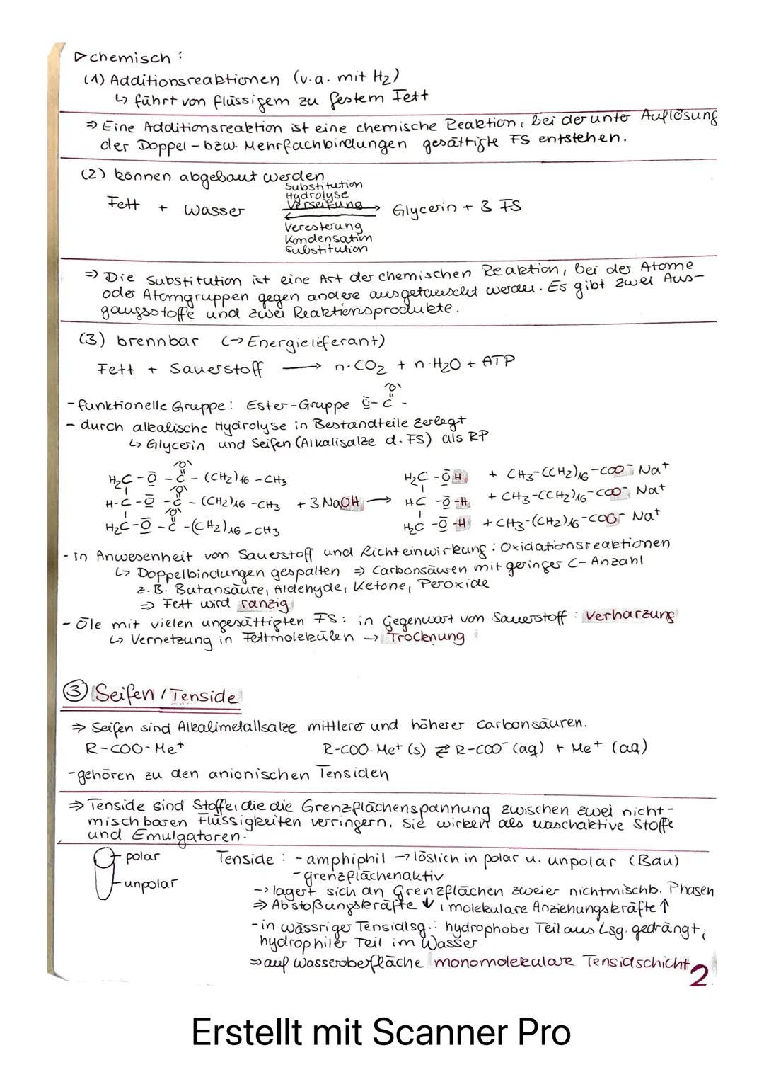 Lernzettel Test: Fette
Organische Chemie
Allgemeines
Makromolekul
H
+
Glycerin
3 Fettsäuren
Triglycerid
A-C-0-H + CH3-CCH ₂ -CH=CH-(CH₂)7-CO