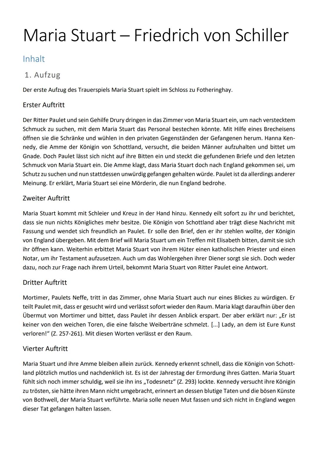 # Maria Stuart – Friedrich von Schiller
Inhalt
1. Aufzug
Der erste Aufzug des Trauerspiels Maria Stuart spielt im Schloss zu Fotheringhay