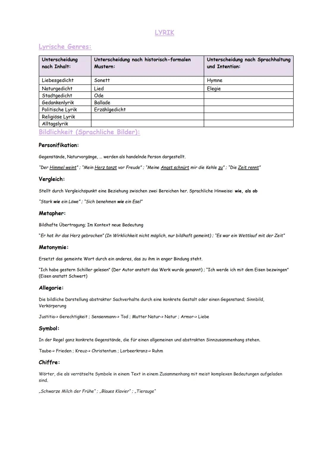 LYRIK
Lyrische Genres:
| Unterscheidung nach Inhalt: | Unterscheidung nach historisch-formalen Mustern: | Unterscheidung nach Sprachhaltun